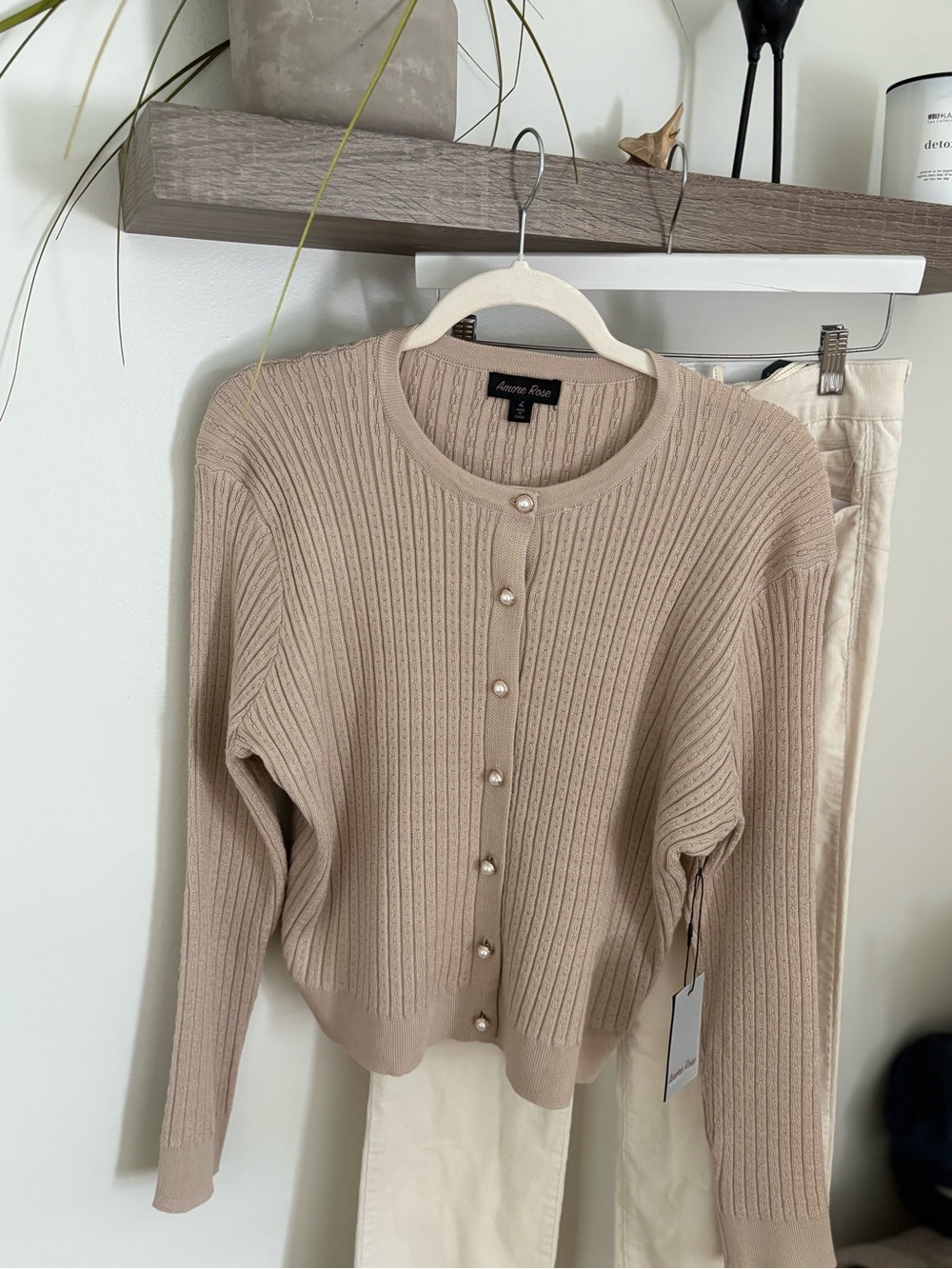 Amore Rose Taupe Ribbed Pearl-Button Cardigan